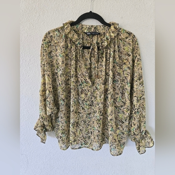 Zara Woman Blouse Sz S Tie Front Ruffles Sheer Flare Sleeves Tassel Flowy - Picture 9 of 11